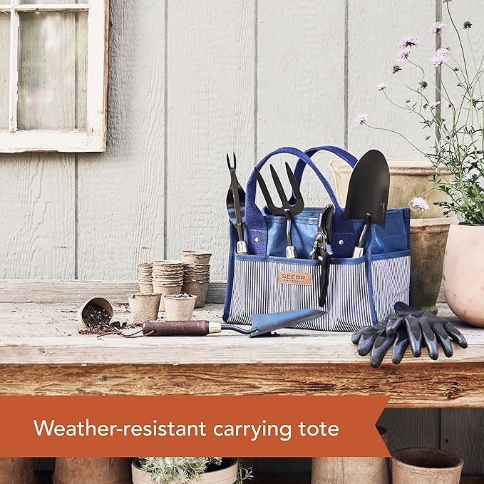 Outdoor Garden Tool Set, Stainless Steel Gardening Set - Garden Tool Organizer Bag, Garden Trowel, Cultivator, Transplanter, Weeder, Bypass Pruning Shears, and Garden Gloves–7pc Set