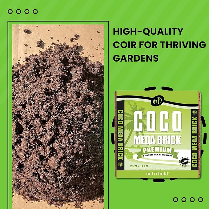 Coco Coir Mega Brick Organic Coconut Coir 11 Pound Coco Fiber Compressed Block Pre Washed Buffered RHP Cert Potting Soil Indoor Outdoor Plant Garden Use Vegetable Flower Seed Starter Mushrooms