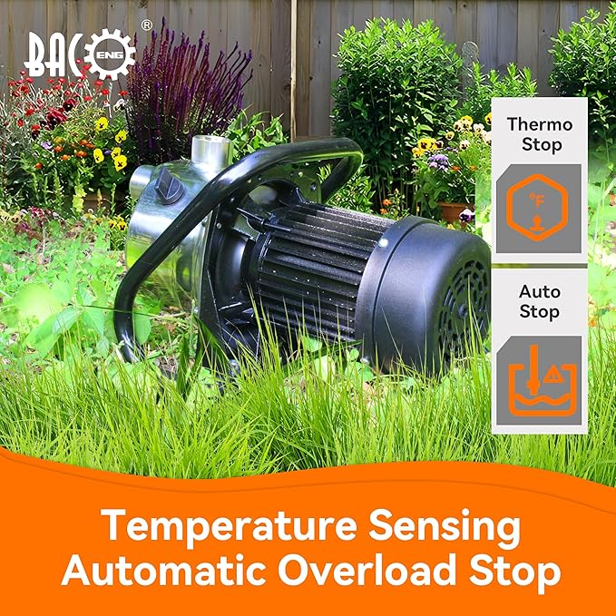 BACOENG 1 HP Water Transfer Pump Garden Pump, 850GPH Lawn Sprinkler Booster Pump, Lake Pump for Irrigation and Water Draining, w/Check Valve & 3/4" Garden Hose Adapter