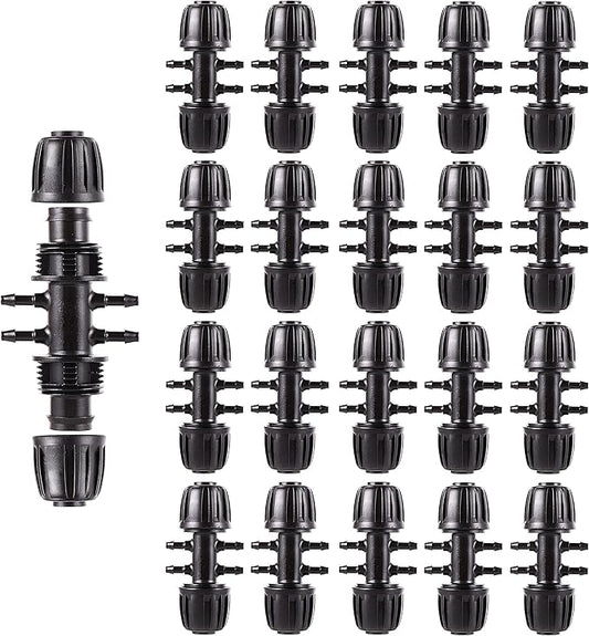Barbed Tee Irrigation Fittings 1/2 Inch to 1/4 Inch Drip-proof Fitting for Irrigation Pipe (1/2'' ID x 0.60''-0.63'' OD) 6-Way-20 PCS