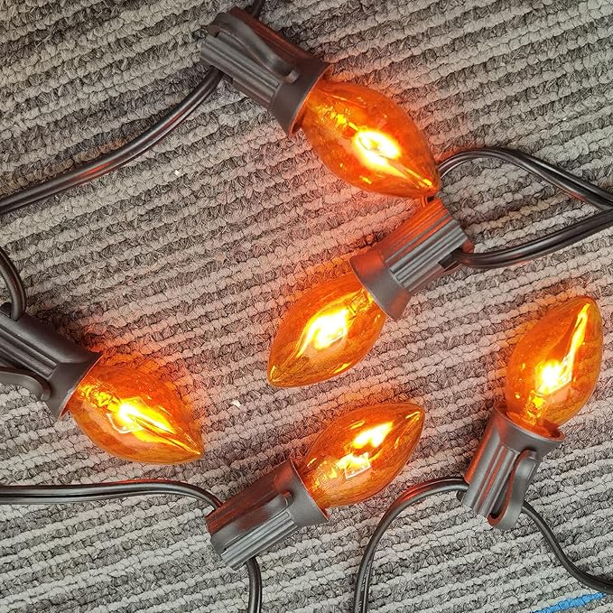 25Ft Orange C7 Christmas Lights Outdoor, Decorations With 27 Flicker Flame Bulbs, Vintage Flickering for Patio Garden Party Tree Decor - Black Wire