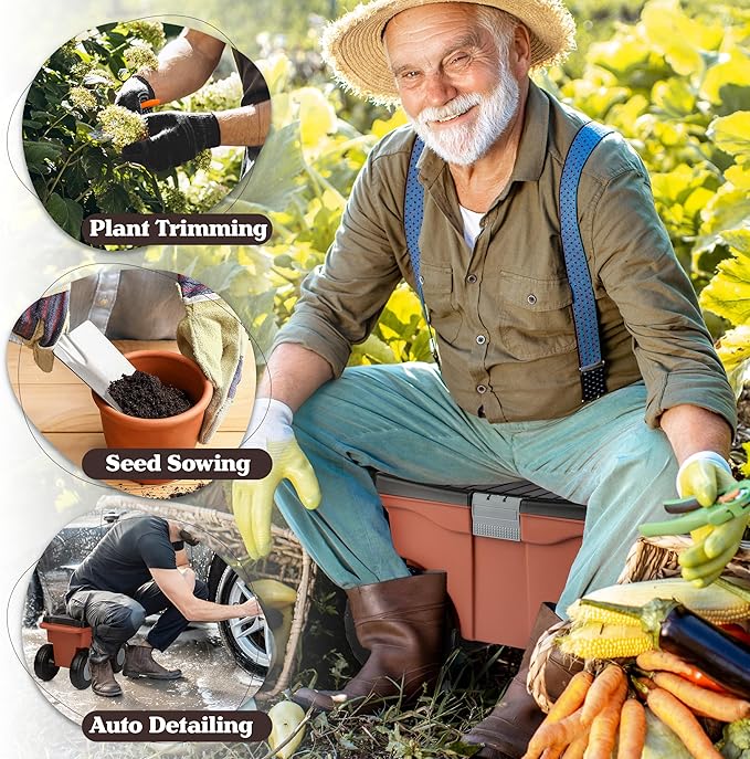 Pure Garden Rolling Garden Cart with Seat - Plastic Storage with Bench and Tool Tray - Gardening Stool for Weeding or Planting (Terracotta)