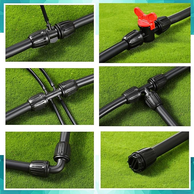 40 Pcs 1/2" Tubing Irrigation Fittings Kit 1/2 ID x 0.6-0.63 OD 16 mm Drip Irrigation Barbed Connectors Include 6 Switch Valves 18 Barbed Tee 8 Ends 4 Adapters 4 Elbows (Black and Green)