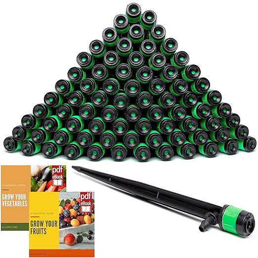 CARPATHEN 100 Drip Irrigation Emitters Vortex - Drip Irrigation Parts for Irrigation Kit - ¼ inch Irrigation Tubing Compatible - 360 deg Adjustable Fan Sprayer for Raised Garden Bed, Potted Plants