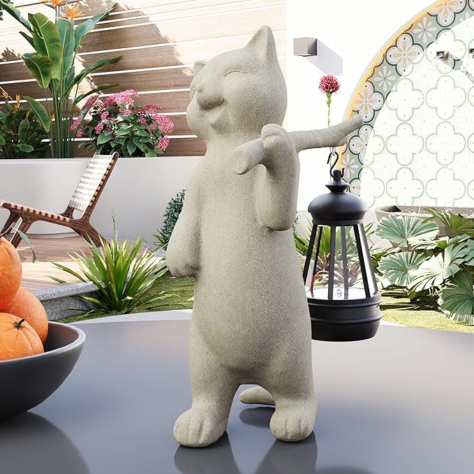 Solar Powered Garden Resin Statue Lights, 10 Inch Waterproof Outdoor Animal Cute Cat Figurine Lights, Suitable for Patios, Balconies, Lawns, Courtyards, Etc. (Walking)