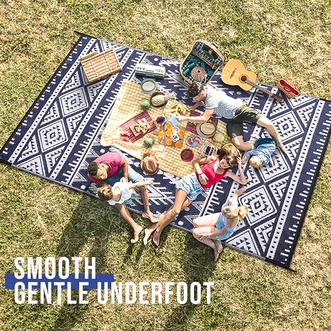 OLANLY Outdoor Rug Waterproof 6x9 ft, Reversible Outdoor Plastic Straw Rug, Boho Patio Rug, Indoor Outdoor Carpet, RV Mat Outside for Patio, Camp, Picnic, Balcony, Deck, Backyard, Navy & White