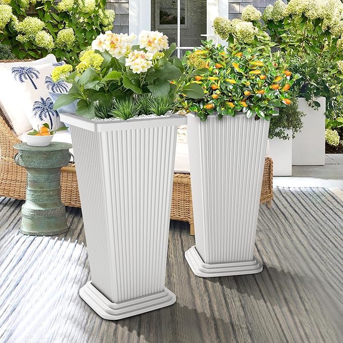 Set of 2 Large Tall Planter for Indoor or Outdoor 24" Tall Flower Pots Tapered Tall Planters with Tray for Porch, Patio, Backyard, Large Planters for Outdoor Indoor Plants(White,Striped)