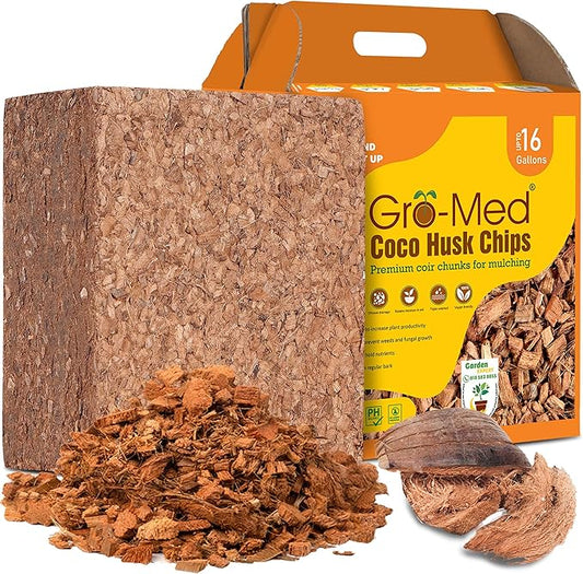 Gro-Med Coco Husk Chips Block 10lb Expands Upto 16 Gallons Coconut Chip Substrate, Coco Coir Husk Mulch for Gardening, Indoor, Outdoor Plants Orchid Bark Alternative - OMRI Listed, Low ECB alanced pH