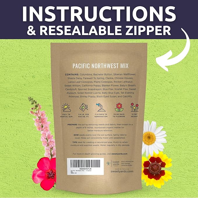 Pacific Northwest Regional Mix - Bulk 1/4 Pound Pouch - 96,000 Flower Seeds for Planting - Wildflower Mix
