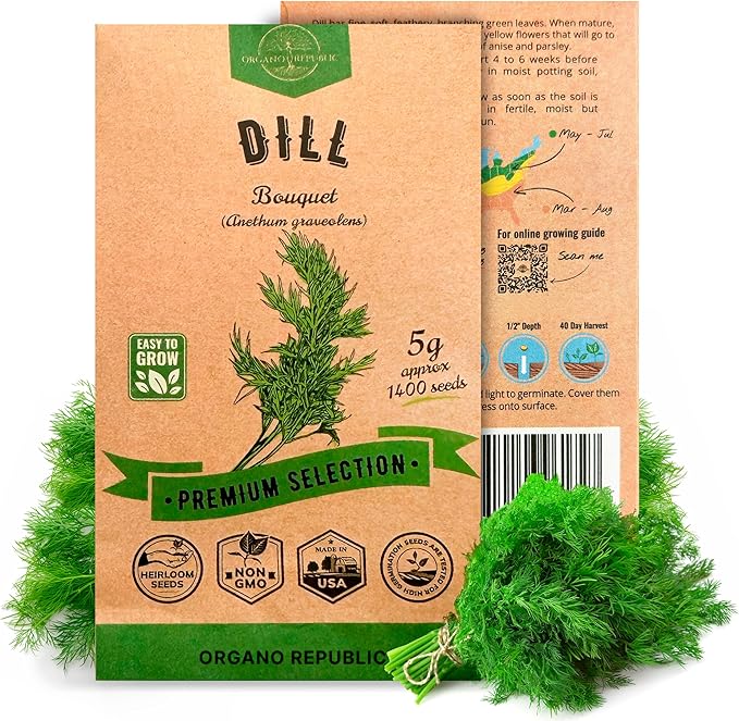 Dill Bouquet Seeds Pack 5 G - Over 1,400 Non-GMO Heirloom Dill Seeds for Planting Herbs in Individual Seed Packet, Herbs Seeds for Planting Home Garden Indoor & Outdoor Gardening