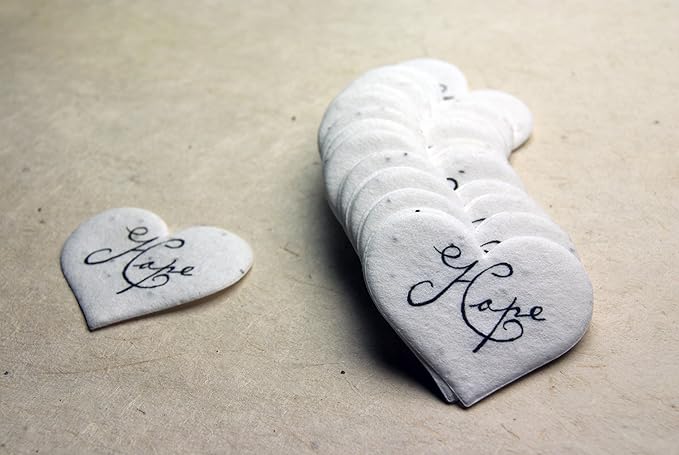 Of The Earth Handmade Paper - Wildflower Seed Paper Small Heart Tags - Calligraphy Variations - 1.75" X 1.5" - Set of 50 (Hope)