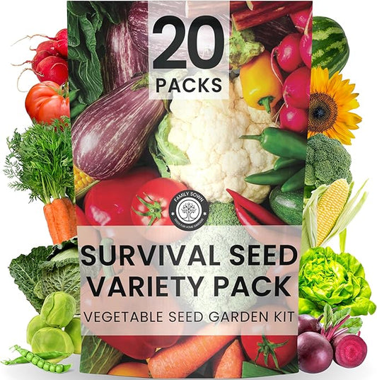 20 Vegetable Seeds | Survival Variety Pack | 2025 Season | Individually Packed Vegetables, Herbs and Fruits | Emergency Seed Vault for Doomsday Prepping | by Family Sown