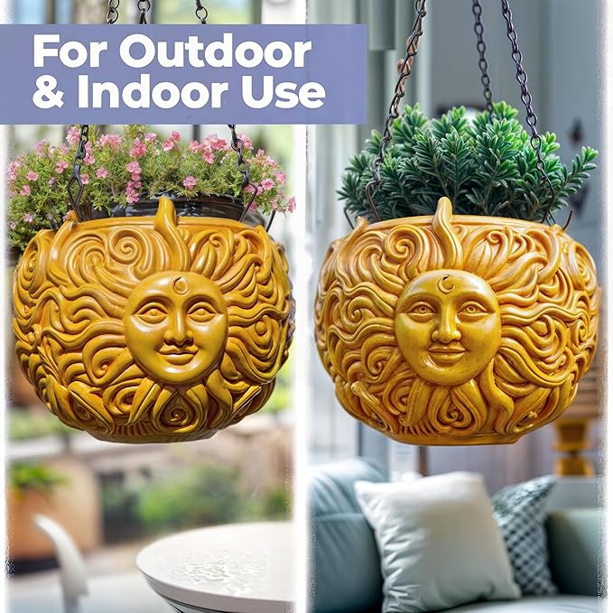 Fun & Unique Sun Face Hanging Planter Quirky Celestial Decor for Plant Lovers – Indoor Outdoor Flower Basket for Succulents & Small Plants – Decorative Garden Yard Art