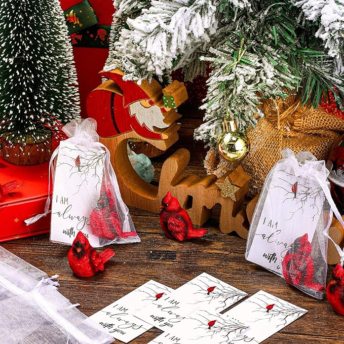 Roowest 18 Pcs Memorial Cardinal Gift Set Include Mini Red Cardinal Bird Statue Figures and Red Feathered Cards and Bags for Sympathy Memorial Gift