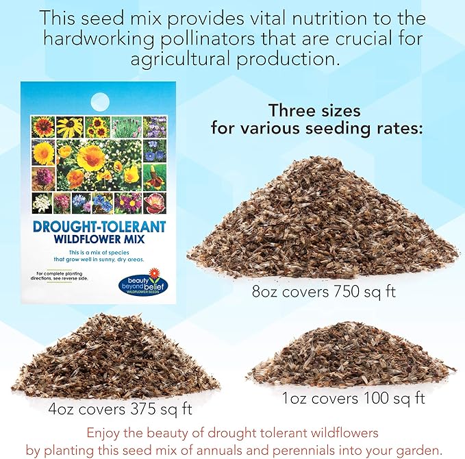 Drought Tolerant Wildflower Seeds - 4oz, Open-Pollinated Bulk Flower Seed Mix for Beautiful Perennial, Annual Garden Flowers - No Fillers - 4 oz Packet