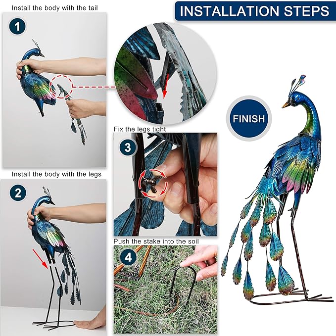 TERESA'S Collections Outdoor Decor Peacock Yard Art Garden Sculptures & Statues,Blue Small Metal Bird Lawn Ornaments,22.4" Outside Mardi Gras Decorations for Porch,Patio,Pond Decor,Gifts for Mom