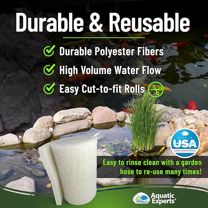 Classic Koi Pond Filter Pad FINE - White Bulk Roll Pond Filter Media, Ultra-Durable Pond Filters for Outdoor Ponds, Reusable Fish Pond Filter Material, USA, Aquatic Experts (3/4" - 1" x 12" x 72")