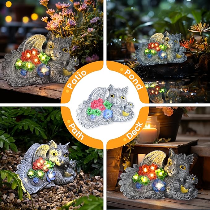 GIGALUMI Solar Garden Statues Dragon Statue Figurine Lights for Outside, Garden Decor Yard Decorations Outdoor for Mom, Women Housewarming Birthday Gifts