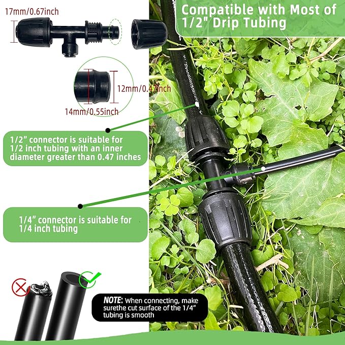 6 Pack 1/2'' to 1/4'' Drip Irrigation Fittings, Push-to-Connect 3 Way Drip Irrigation Part Barbed Tee Connectors, Anti-Leak Locked Splitter Fitting for 1/2" Irrigation Tubing (0.6''-0.67''OD)