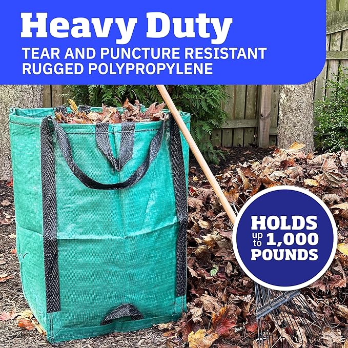 DURASACK Heavy Duty Home and Yard Waste Bag 48-Gallon Woven Polypropylene, Reusable Lawn and Leaf Garden Bag with Reinforced Carry Handles, Pop-Up Self-Standing Garbage Can, Green