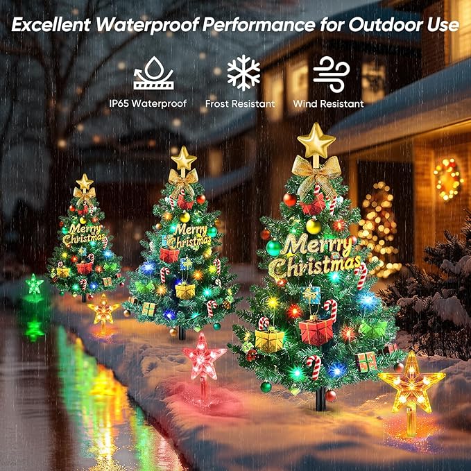 Christmas Tree Lights Outdoor Decorations: 2 Pack 72LED Artificial Small Christmas Tree, 8 Colorful Modes Solar Christmas Lights, Prelit Christmas Tree Lights with 34PCS Xmas Ornaments 6 Lighted Star