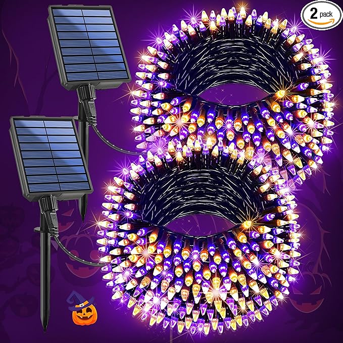 2-Pack 200FT Halloween Solar String Lights for Outside, 600 LED Extra-Bright Solar Light Outdoor with 19 Modes & Timer, Waterproof Fairy Solar Lights for Garden Patio Tree Decorations Orange & Purple