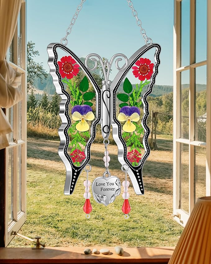 KY&BOSAM Butterfly Suncatcher Stain Glass Love You Forever Butterfly Sun Catcher for Windows Hanging Wind Chime Gifts for Women Grandma Mom Mother`s Day Valentine's Birthday Christmas Thanksgiving