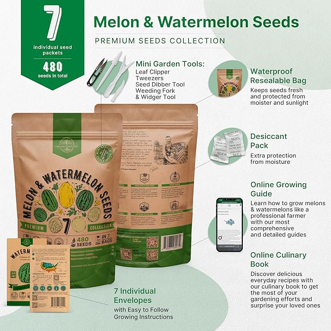 7 Melon & Watermelon Seeds Variety Pack 480+ Non-GMO Heirloom Fruit Seeds for Planting Fruits in Individual Seed Packets for Hydroponic, Indoor and Outdoors Gardening
