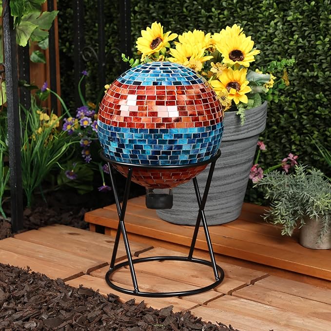 Alpine Corporation HGY292 Striped Mosaic Gazing Globe, Stylish Décor for Garden, Patio, & Lawn, 12" H, Orange and Turquoise