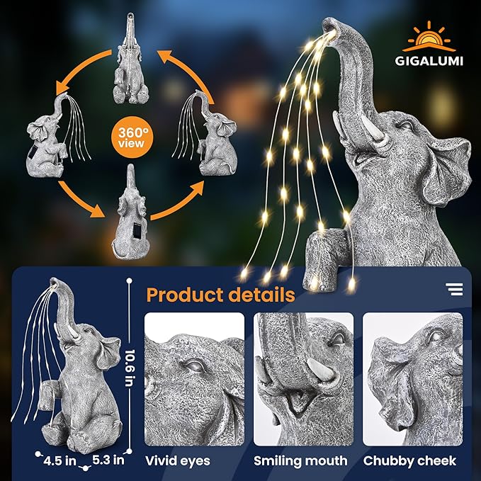 GIGALUMI Solar Garden Decor Watering Elephant Statues Outdoor, Birthday Gifts for Women Mom Grandma Senior Elder, Elephant Ornament for Balcony, Garden, Patio, Yard, Lawn (Constant Lights Only)