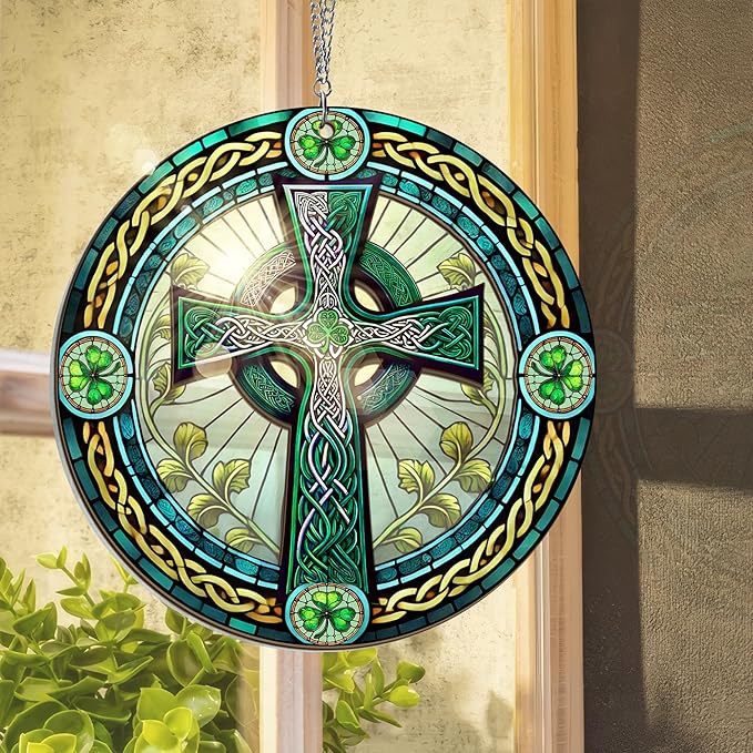 Irish Gifts, St Patricks Day Decor - Birthday, Christmas, Good Luck Irish Gifts for Men Women, Shamrock Decorations, Celtic Cross Home Decor - Window Suncatcher Hanging Decorations 6 in