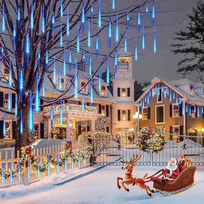 Christmas Lights Solar Powered, Meteor Shower Lights Outdoor, 16 Inches 8 Tube 288 LED Solar Meteor Lights for Tree Wedding Xmas Holiday Party Patio Decoration, Bule