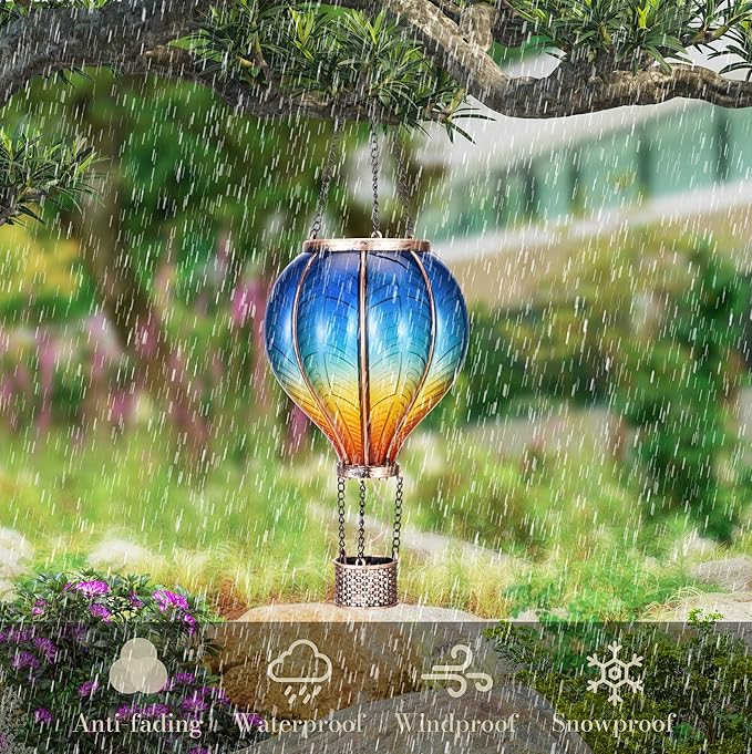 TERESA'S COLLECTIONS 2 Pack Hanging Solar Lantern Outdoor Garden Decor for Valentine,Waterproof Plastic Hot Air Balloon Blue Flickering Flame Effect Lantern for Yard Tree,Gift for Mom,18"