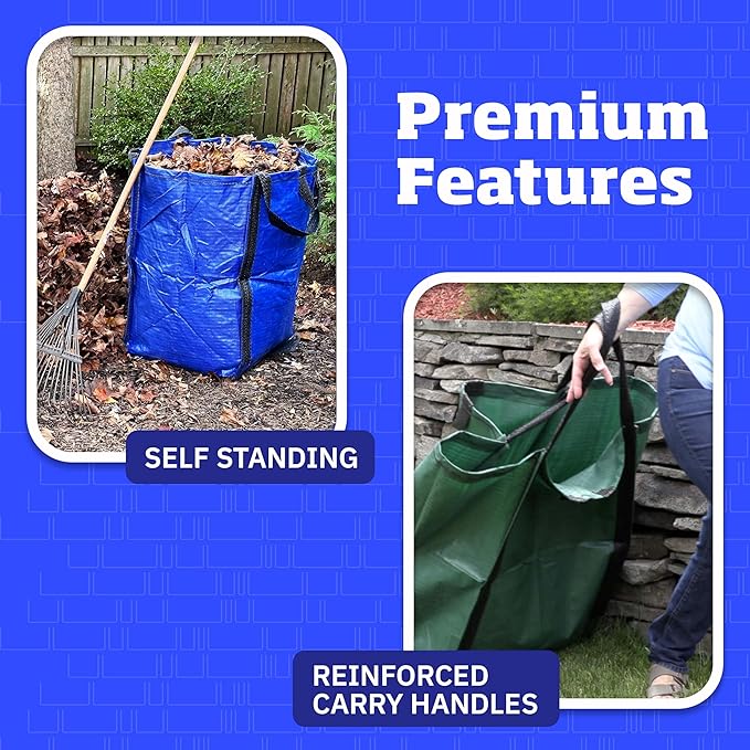 DURASACK Heavy Duty Home and Yard Waste Bag 48-Gallon Woven Polypropylene, Reusable Lawn and Leaf Garden Bag with Reinforced Carry Handles, Pop-Up Self-Standing Garbage Can, Blue
