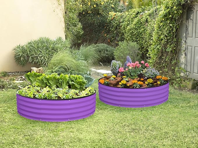 Round Galvanized Raised Garden Bed // 4×4×1 ft Galvanized Raised Garden Beds Outdoor for Gardening, Vegetables, Flowers // Patented Tool-Free Design Round Planter (Purple)