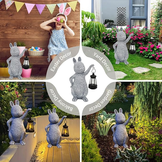 AVEKI Solar Bunny Statue Garden Outdoor Decor, Cute Rabbit Figurines Waterproof Garden Decor with Solar Lantern, Bunny Decor for Yard Art Lawn Porch, Women Gifts for Mom Grandma (Rabbit)