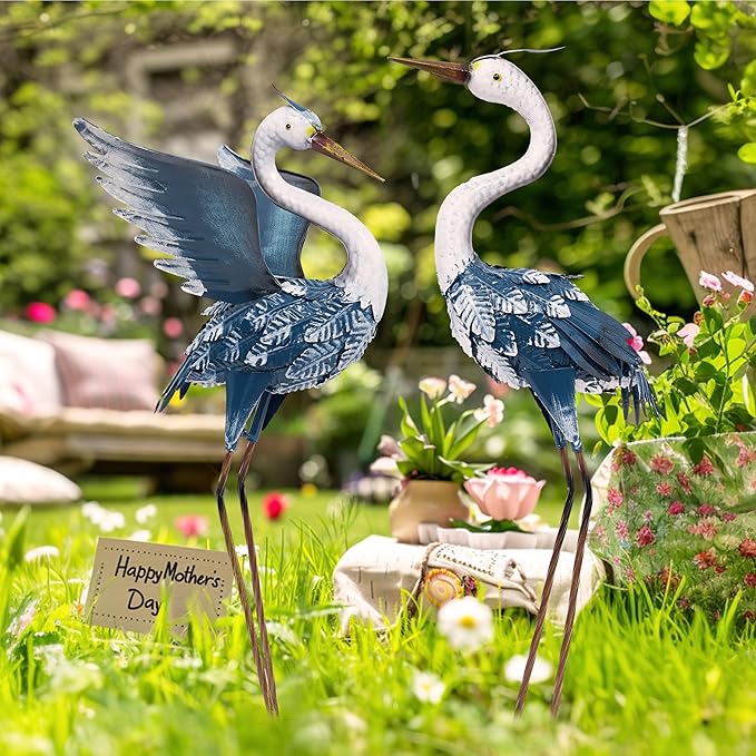 TERESA'S COLLECTIONS Yard Decorations Outdoor Garden Statues, Blue Metal Crane Yard Art, 25-26inch Lawn Ornaments for Backyard, Outside Porch, Patio, Wedding Decor,Set of 2,Spring Decor,Gifts for Mom
