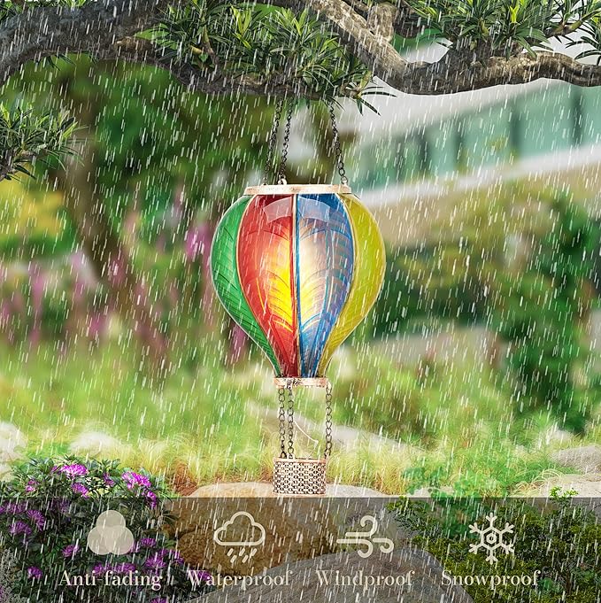 TERESA'S COLLECTIONS Hot Air Balloon Solar Lantern for Garden Decor ,Flickering Flame Hanging Solar Light for Outdoor ,Colorful Plastic Lamp for Yard Tree Gift for Mom
