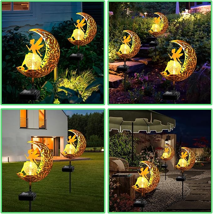 YJFWAL Garden Solar Lights Pathway Stake Lights Moon Fairy Glass Globe with Angel Decor, Outdoor Decorative Lights Waterproof for Walkway, Yard, Lawn, Patio or Courtyard Halloween Decor(Warm White)