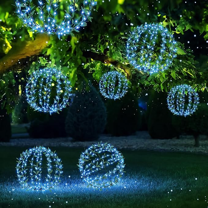 Flacchi Hanging Iron Sphere Lights with Artificial Greenery – 12Inch 120 LED Waterproof Outdoor/Indoor Decor Ball Light with Timer & 8 Modes – 2 Pack for Garden, Christmas, Weddings (Blue)