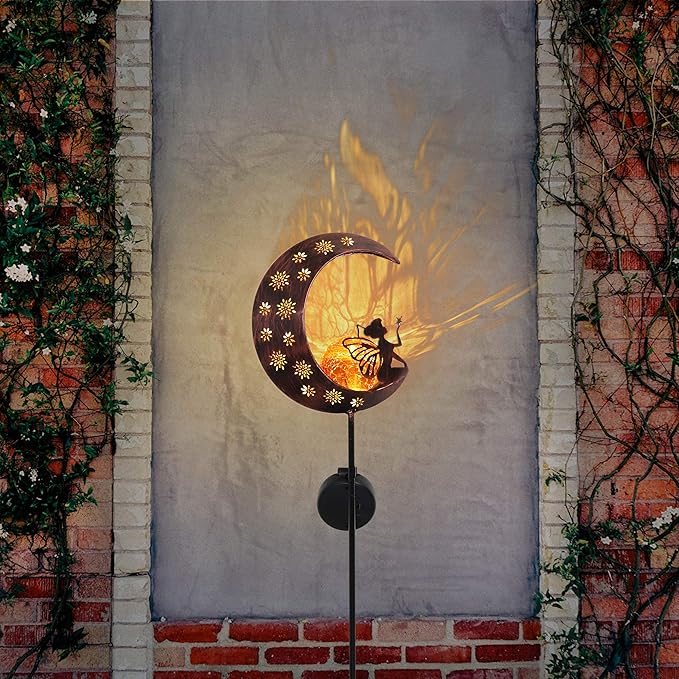 TERESA'S COLLECTIONS 2pcs Fairy Moon Lights Solar for Garden Decor Outside, Metal Yard Art Lawn Ornaments with Crackle Glass Ball, Angel Decorative Stake for Patio Porch Decor, Gifts for Grandma Mom