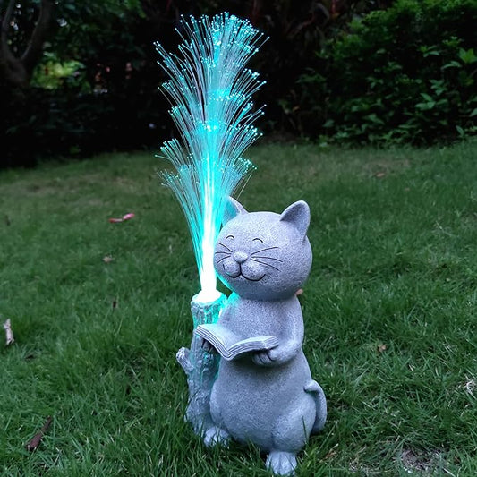 Cat Solar Garden Statues,Resin Cat Figurine Reading a Book and 7-Color Changing Optical Fiber with Solar Lights, Lawn Decor Outdoor Statue for Patio,Balcony,Yard,Lawn Ornament