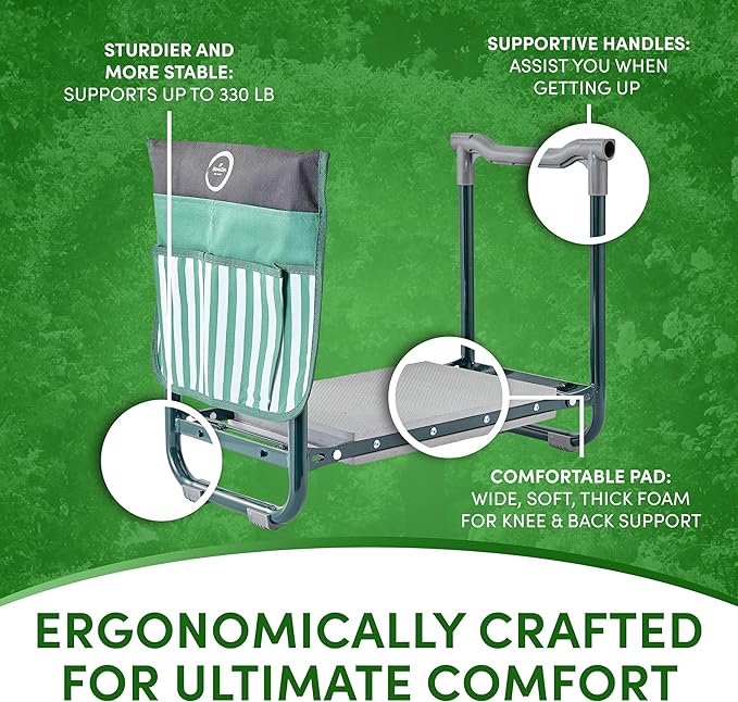 Garden Kneeler Seat Bench-Foldable-Saves Your Back and Knees! Extras Included-SunShade Umbrella (Patented), Wide EVA Foam Pad (10.2"), Folding Table, Potting Mat. Great gift for Everyone, Seniors.