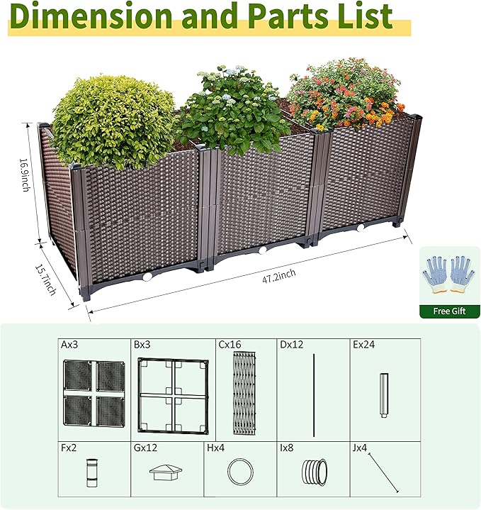 Emalie Deep Raised Garden Beds Large Plastic Planter Box with Drainage Plugs for Veggies Flowers Herbs Deep Root Plants Growing, 47.2" Lx15.7 Wx16.9 H Brown