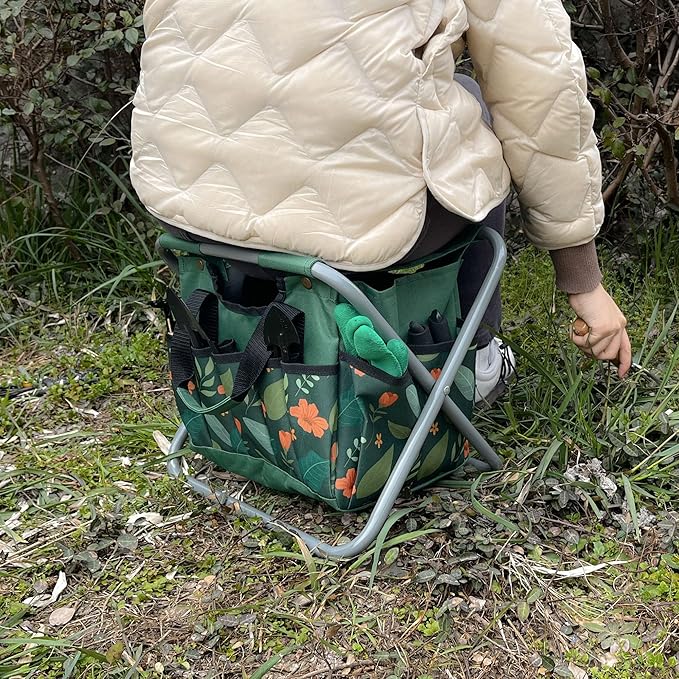 Folding Gardening Stool with Detachable Storage Tote Bag, Multifunctional Gardening Tools Set Organizer for Fishing and Camping,Portable Garden Chair Seat for Adults (Green Flower)