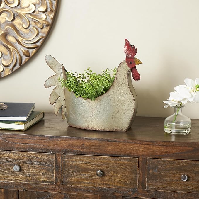 Deco 79 Metal Rooster Indoor Outdoor Planter Large Planter Pot, Planter 12" x 8" x 16", Gray