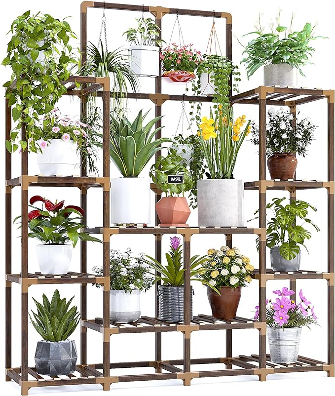 EnHomee Large Plant Stand Indoor Outdoor Wood Tiered Plant Shelf for Multiple Plants 6 Tiers with 12 Potted Plants Holder Tables 44.9" W x 11.8" D x 62.2" H