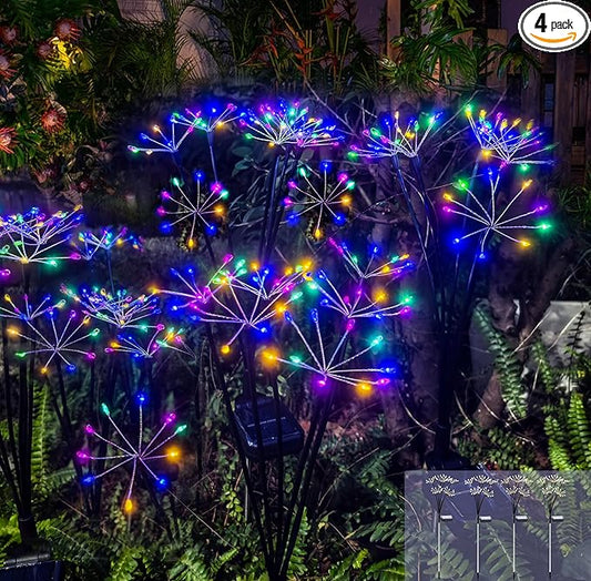 Kwaiffeo 4 Pack Solar-Powered Firework Fairy Lights, Solar Light Outdoor Waterproof Christmas & Garden Decor for Pathway/Patio/Yard - Gardening Gifts for Women (Multicolor)