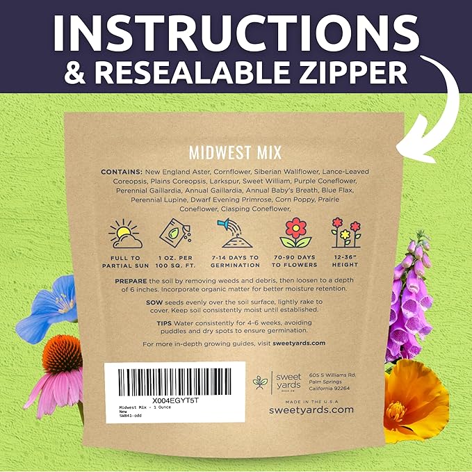 Midwest Regional Mix - Large 1 Ounce Packet - 15,000 Flower Seeds for Planting - Wildflower Mix