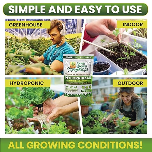 Mycorrhizal Fungi with Beneficial Bacteria, Trichoderma, Sea Kelp, Molasses, Yucca, Smart Grower Supercharge Plant Root Enhancer 8oz Super Concentrate Powder Makes 100 Gallons